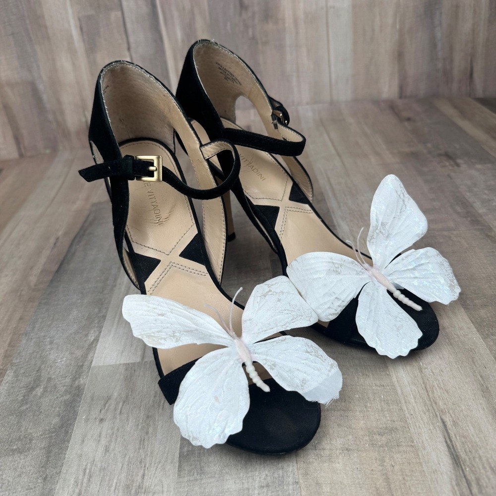 Adrienne Vittadini Women's 9 Black Strappy Heels 4" Heel Butterfly